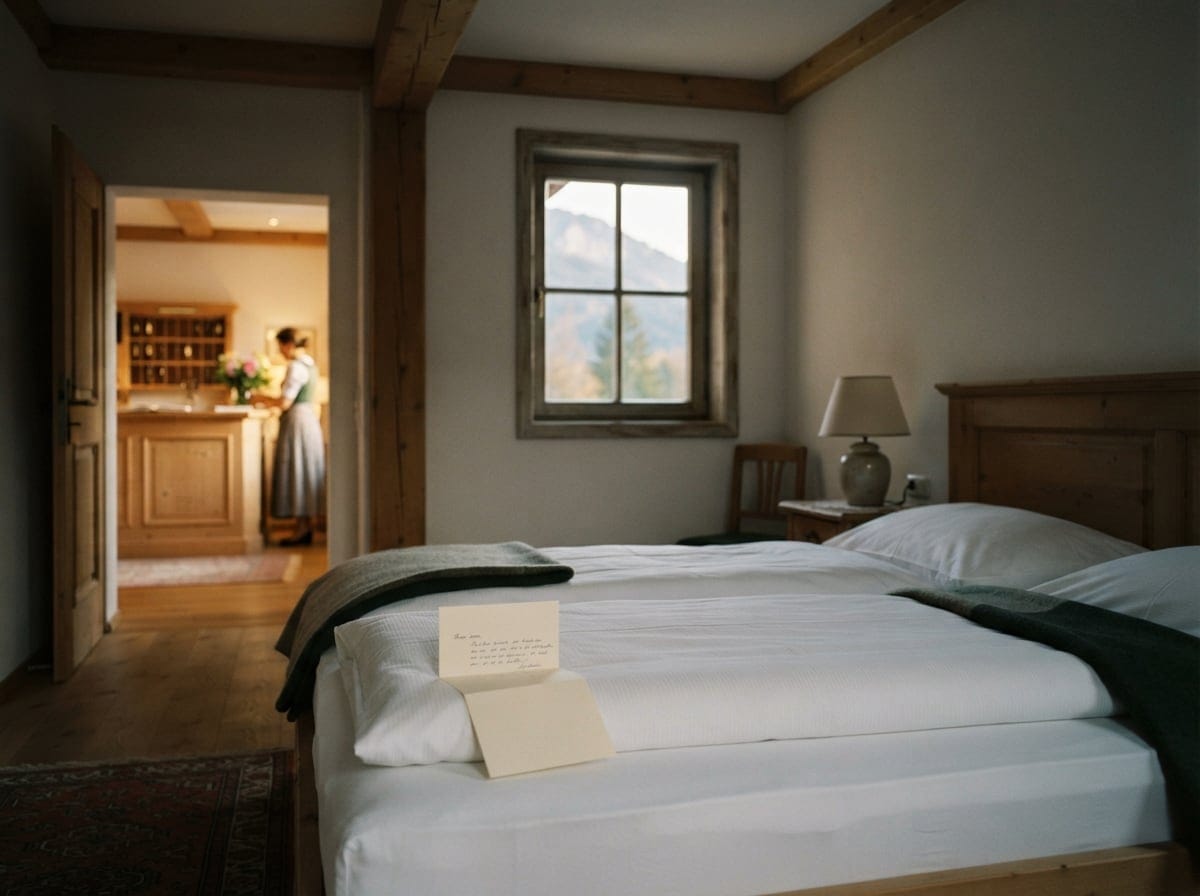 Bild: Hotelzimmer mit Doppelbett, auf dem ein handgeschriebener Brief liegt, Blick durch die offene Tür zur Rezeption, Berglandschaft hinter dem Fenster im Gegenlicht.