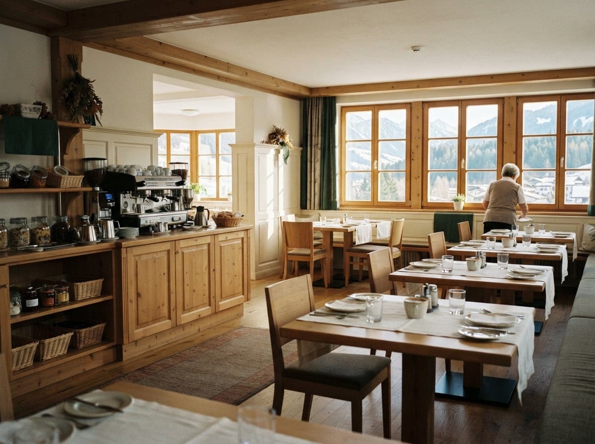 Bild: Frühstücksraum eines Boutiquehotels mit gedeckten Holztischen, Servicetheke mit Espressomaschine, natürlichem Licht durch große Fenster und Blick auf bewaldete Berge.