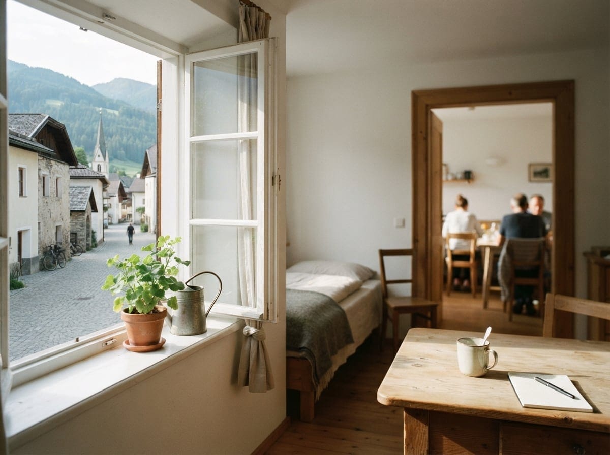 Bild: Helles Hotelzimmer mit Blick auf eine ruhige Bergdorfstraße, Pflanze auf der Fensterbank, Holztisch mit Becher im Vordergrund, Gäste beim Frühstück im Nebenraum.