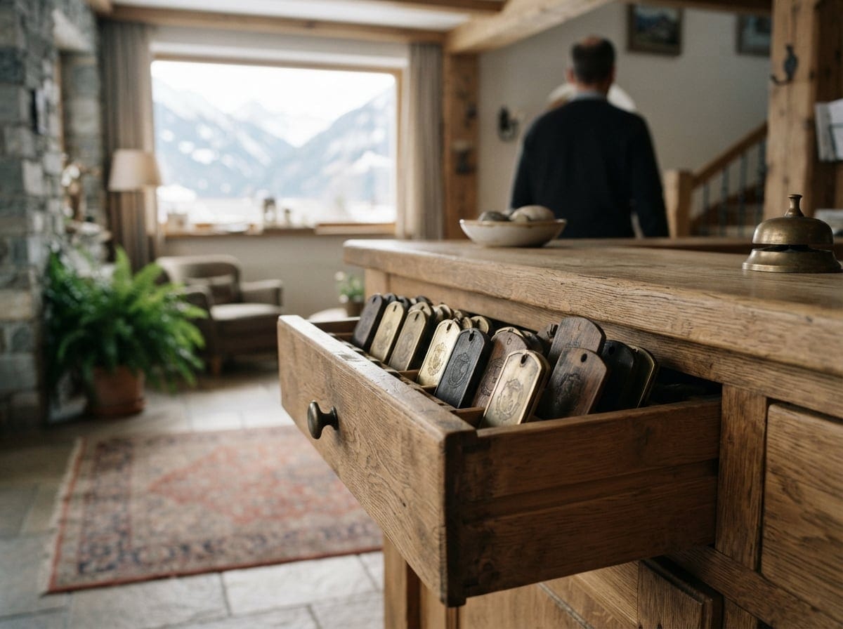 Bild: Offene Schublade einer Holzrezeption mit einer Reihe alter, abgenutzter Schlüsselanhänger, dahinter ein Mensch von hinten an der Theke und Bergblick durch das Fenster.