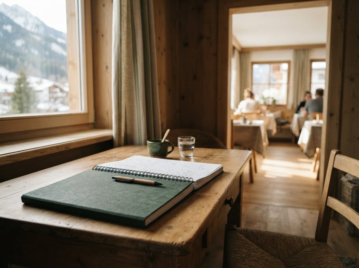 Bild: Arbeitsplatz an einem Holztisch in einem Hotelzimmer mit grünem Notizbuch, spiralgebundenem Block und Stift im Morgenlicht, Bergblick durchs Fenster.