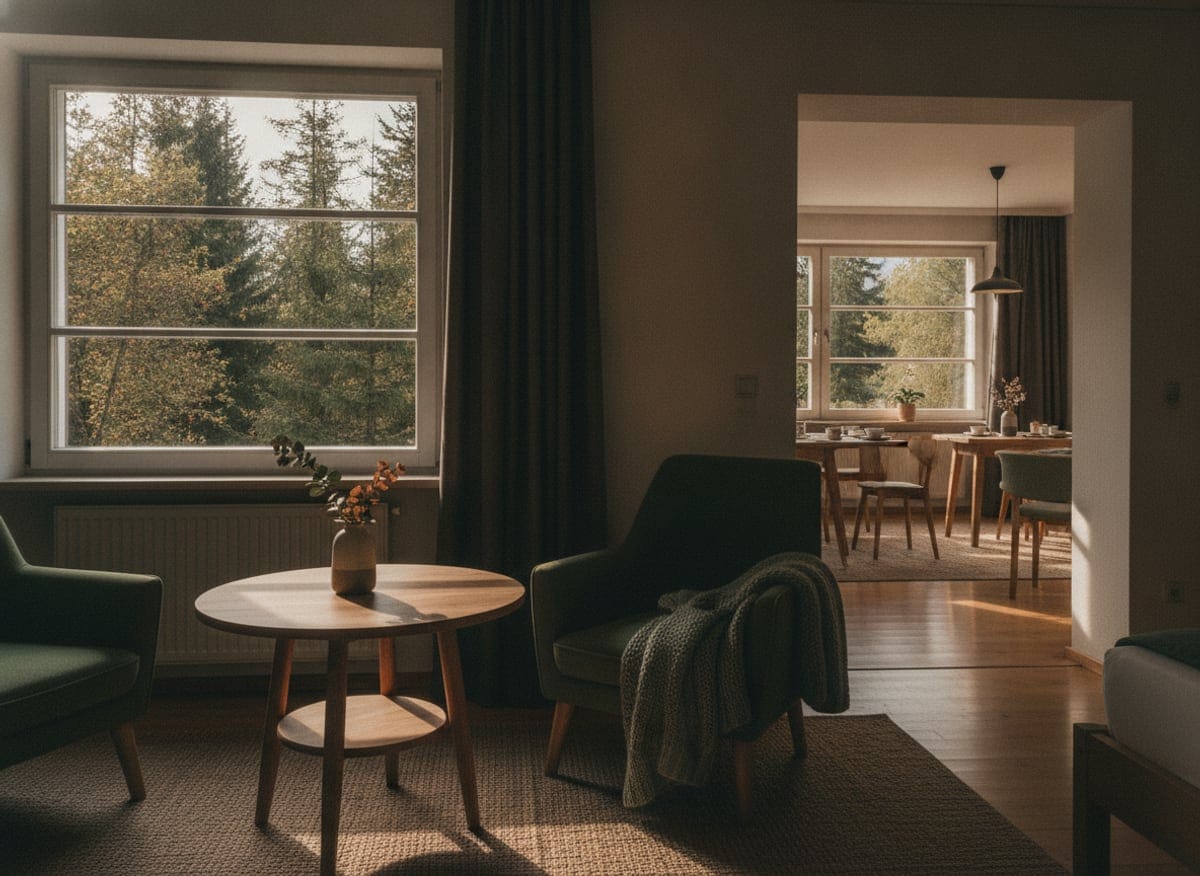 Bild: Fensterblick aus Hotelzimmer auf grüne Landschaft mit Tageslicht auf dem Nachttisch