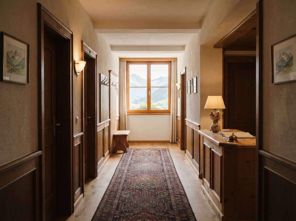 Bild: Hotelflur mit dunklen Holztüren und beigen Wänden, vom Fenster fällt natürliches Licht, ein gemusterter Läufer führt durch den leeren Gang.