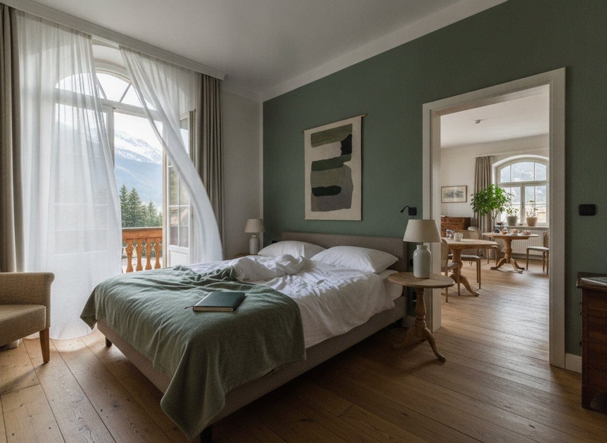 Bild: Hotelzimmer mit offensichtlich geöffnetem Fenster, durchscheinenden Vorhängen, aufgeschlagenem Notizbuch auf dem Nachttisch