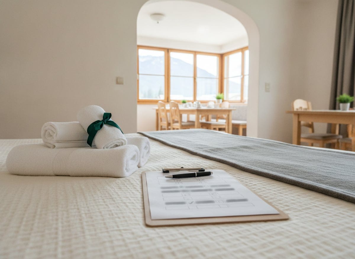 Bild: Zimmerreinigungscheckliste auf Klemmbrett mit Häkchen, Stift und gefalteten Handtüchern auf dem Bett